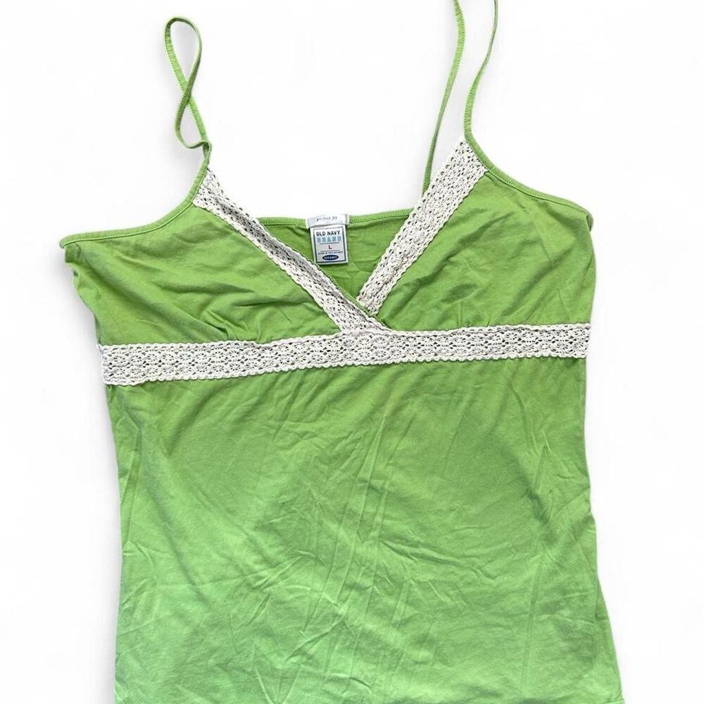 Lime green lace trim Y2K cotton tank top - Size L